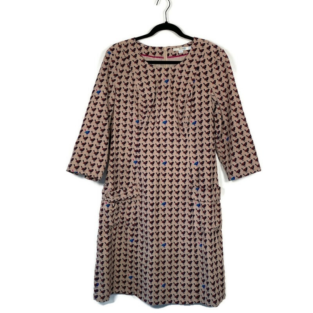 BODEN Tan & Brown 3/4th Sleeve Round Neck Pockets Bird Print Long Dress 10L